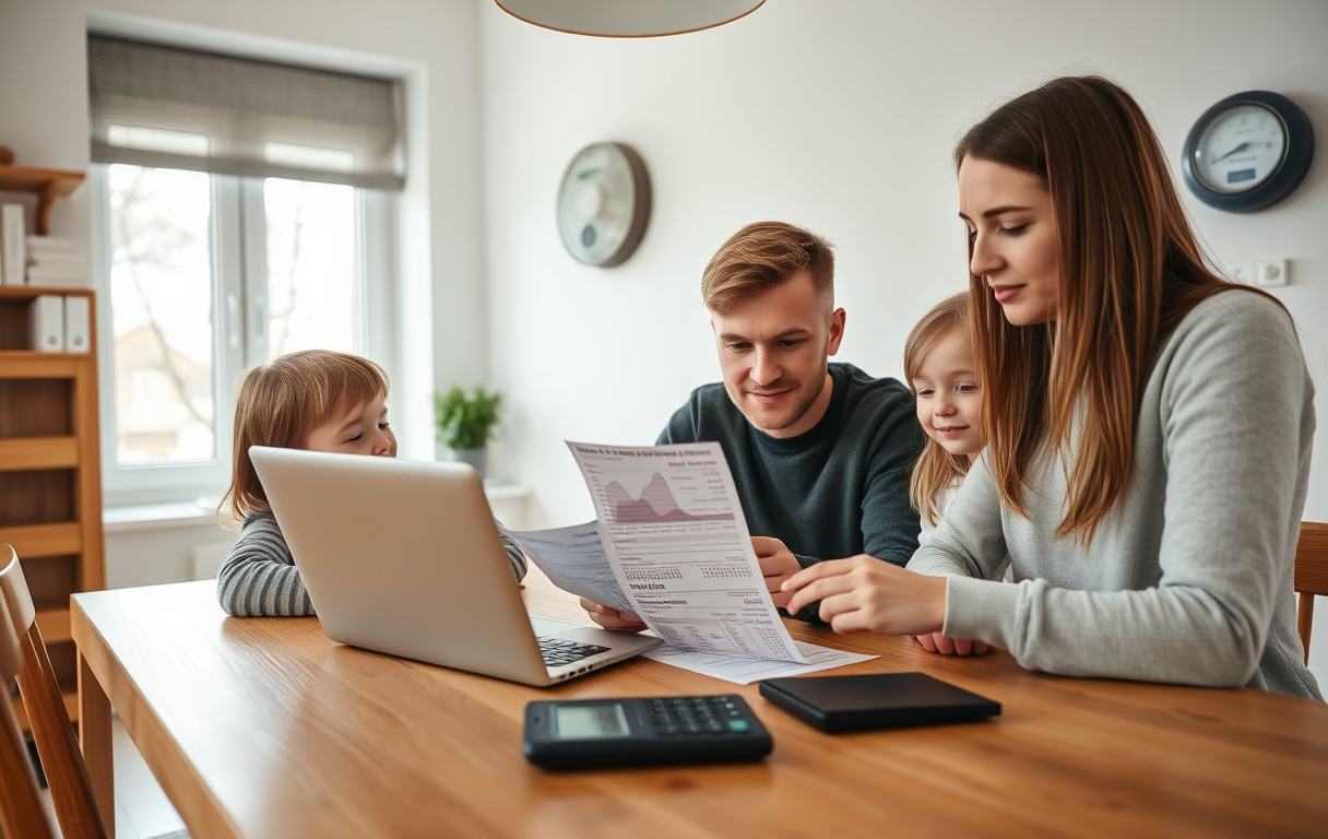 Familj vid köksbord som tittar på elräkning och jämför elpriser på en surfplatta.