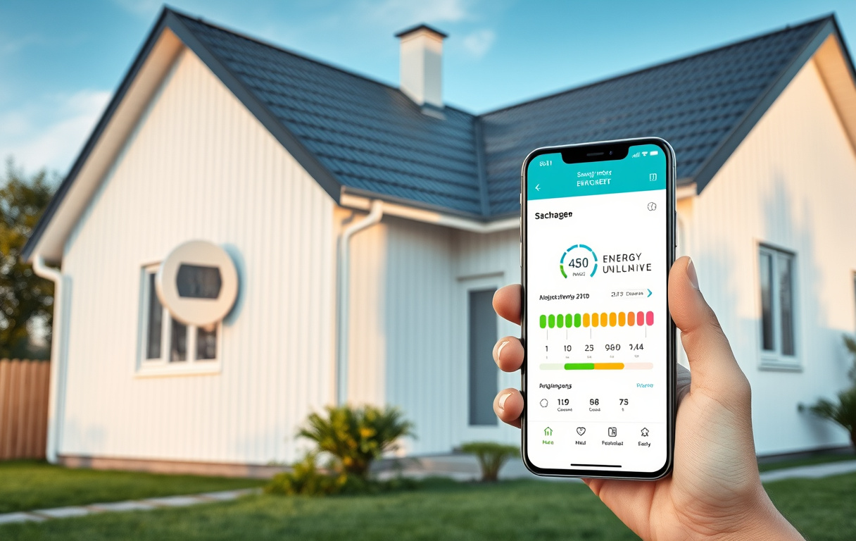 Modern svensk bostad med elmätare och mobiltelefon som visar app för eljämförelse