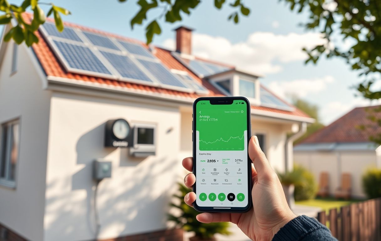 Svenskt villahus med solpaneler på taket och elmätare vid sidan, en mobiltelefon som visar elprisjämförelse