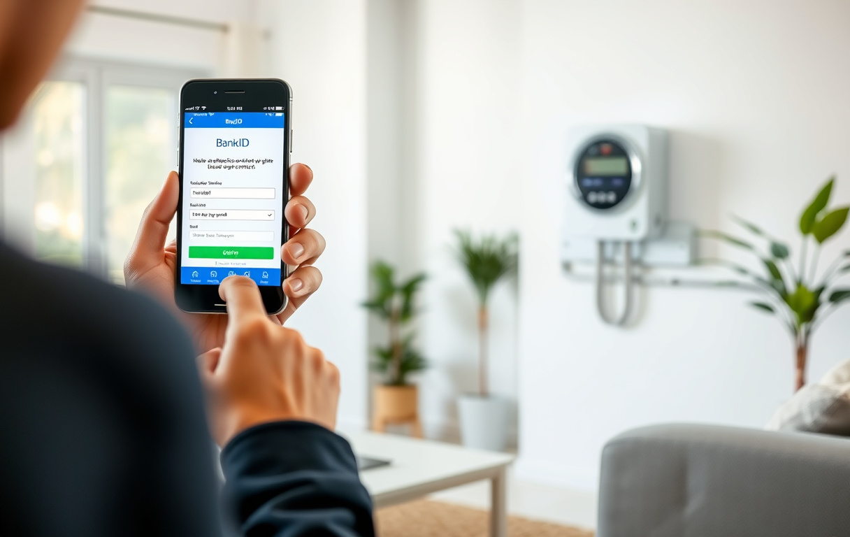 Person som tecknar elavtal via BankID på mobilen, elmätare synlig i bakgrunden
